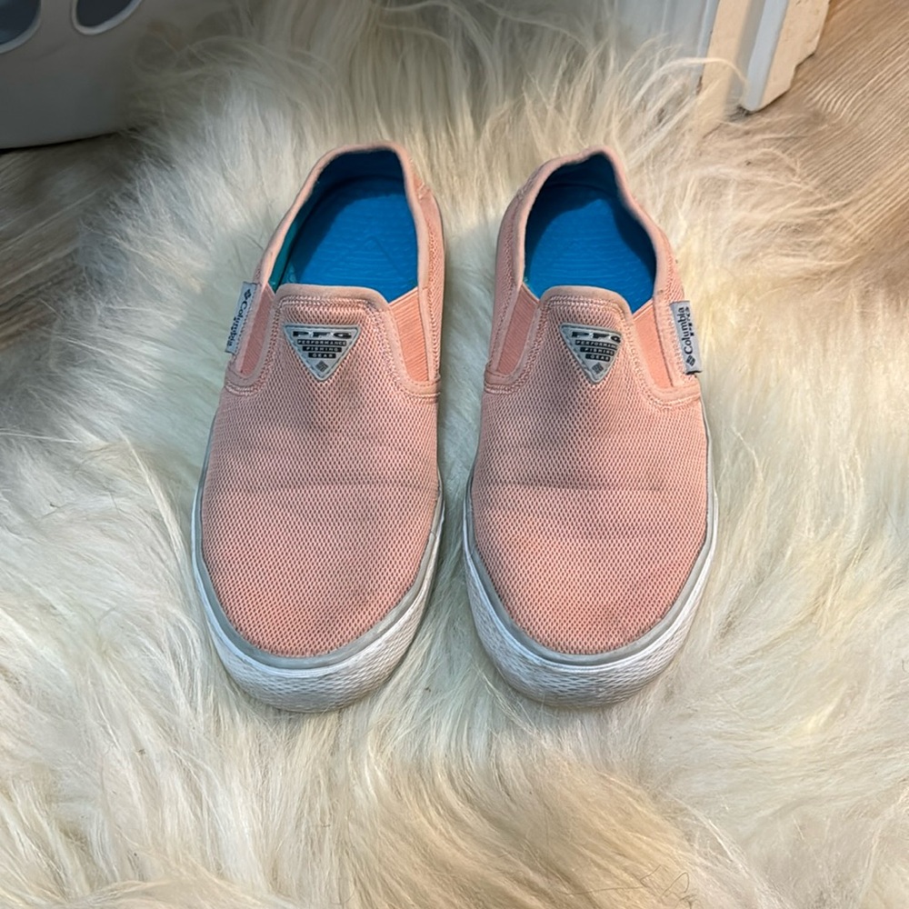 Peach and teal Columbia PFG shoes